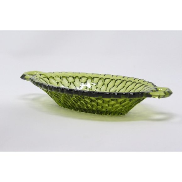 Vintage Indiana Glass Avocado Green Honeycomb Oval 2 Handled Relish Dish Bowl Tr - Picture 4 of 10
